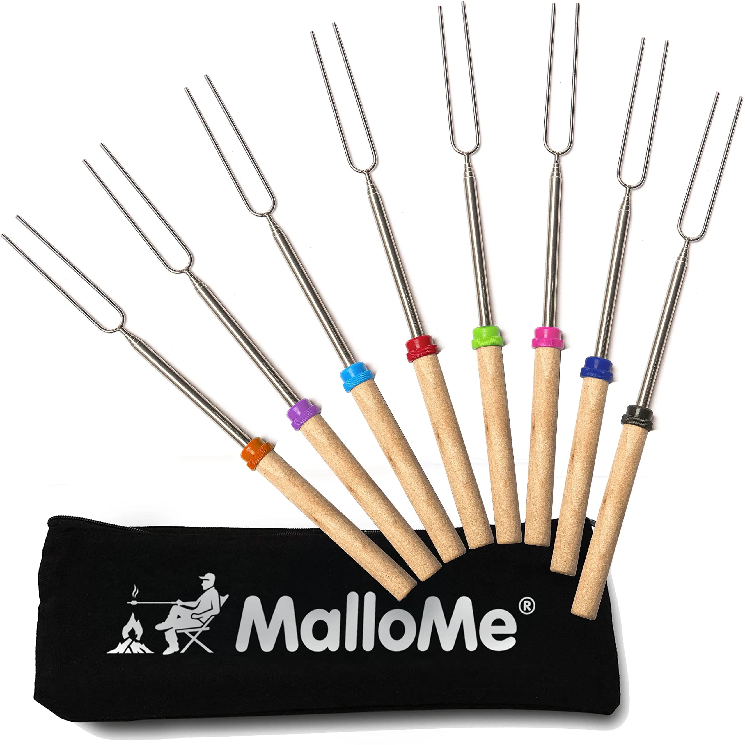 MalloMe Telescoping Marshmallow Roasting Sticks 32" (8 Pack) | Heavy Duty Stainless Steel Smores Skewers for Campfire & Bonfire - main product image