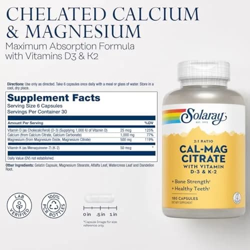 SOLARAY Calcium Magnesium Citrate 2:1 with Vitamin D3 K2 | Bone & Heart Support in 180 Capsules thumbnail 2