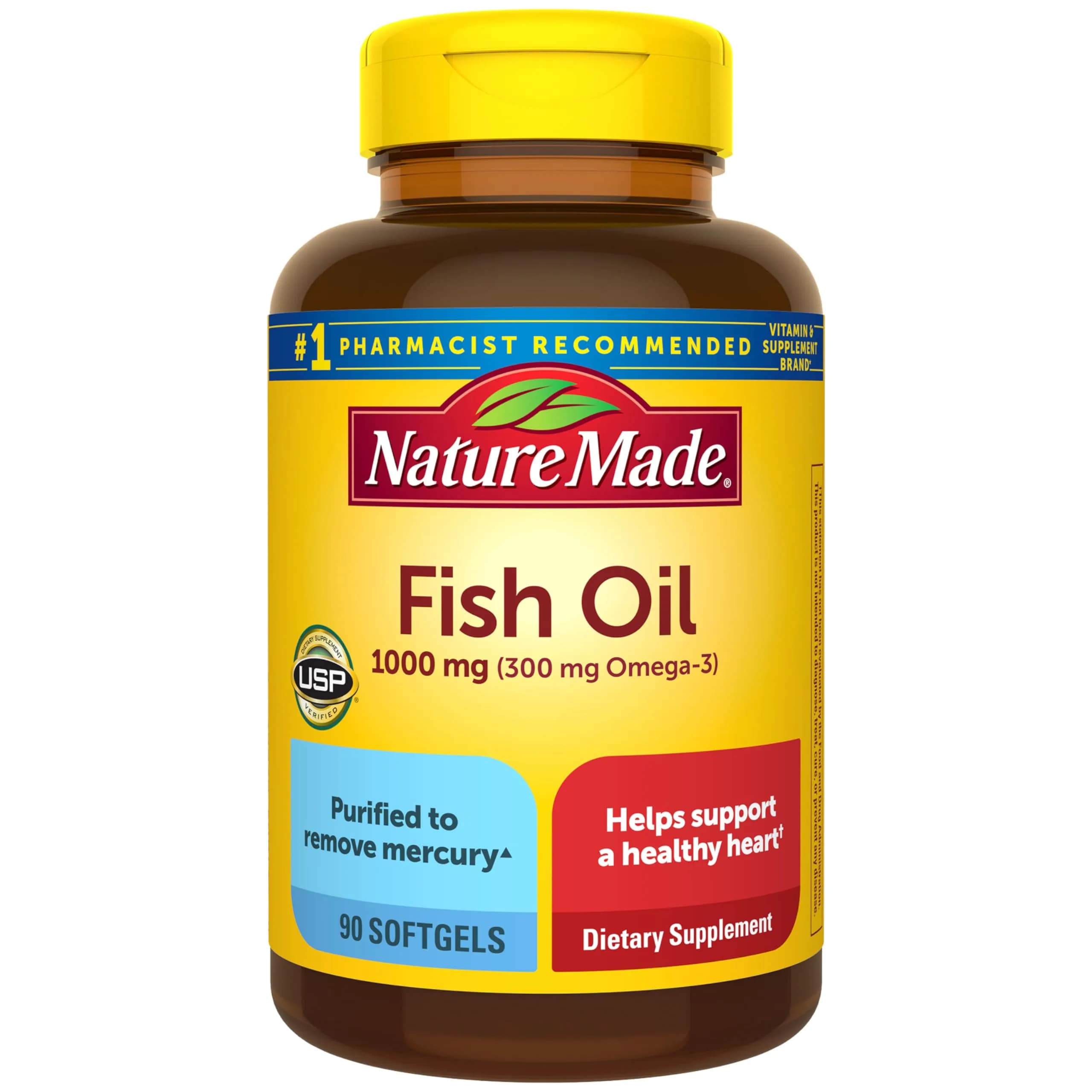Nature Made Fish Oil Omega 3 Supplements 1000 mg Softgels 90 Count | USP Verified Heart Health Support - main product image