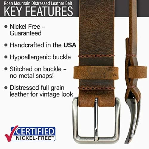 Nickel Smart Roan Mountain Brown Leather Belt - Distressed 42" | Nickel Free Full Grain Leather thumbnail 4