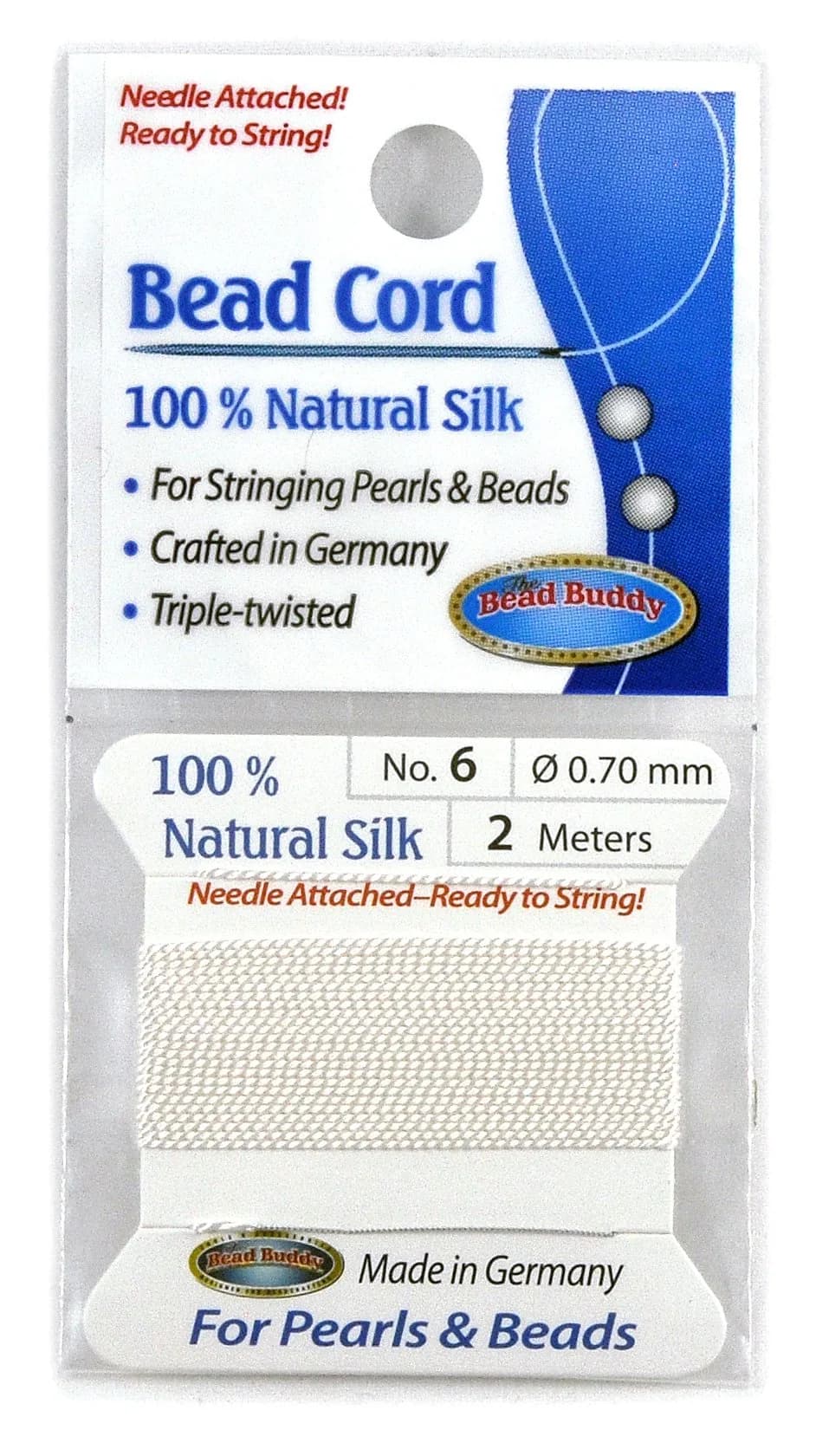 Bead Buddy 0.7mm Natural White Silk Cord Thread with Needle | Ideal for Jewelry Making, 2m — White