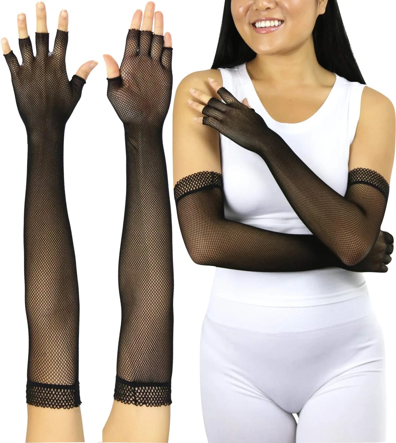 ToBeInStyle Women's Fishnet Arm Length Glove Warmers - White | Nylon Fishnet for Fashion & Festivals — Fishnet Lace Trim - Black / One Size