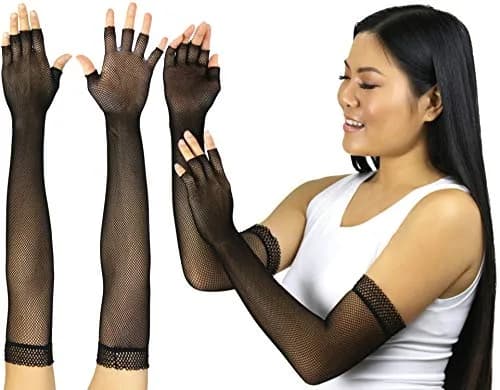 ToBeInStyle Women’s Fishnet Lace Trim Full Arm Length Arm Warmers - OS - Black | Edgy Fashion Accessory for Festivals & Parties thumbnail 2