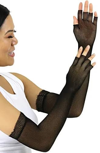 ToBeInStyle Women’s Fishnet Lace Trim Full Arm Length Arm Warmers - OS - Black | Edgy Fashion Accessory for Festivals & Parties thumbnail 3