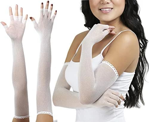 ToBeInStyle Women's Fishnet Arm Length Glove Warmers - White | Nylon Fishnet for Fashion & Festivals thumbnail 2