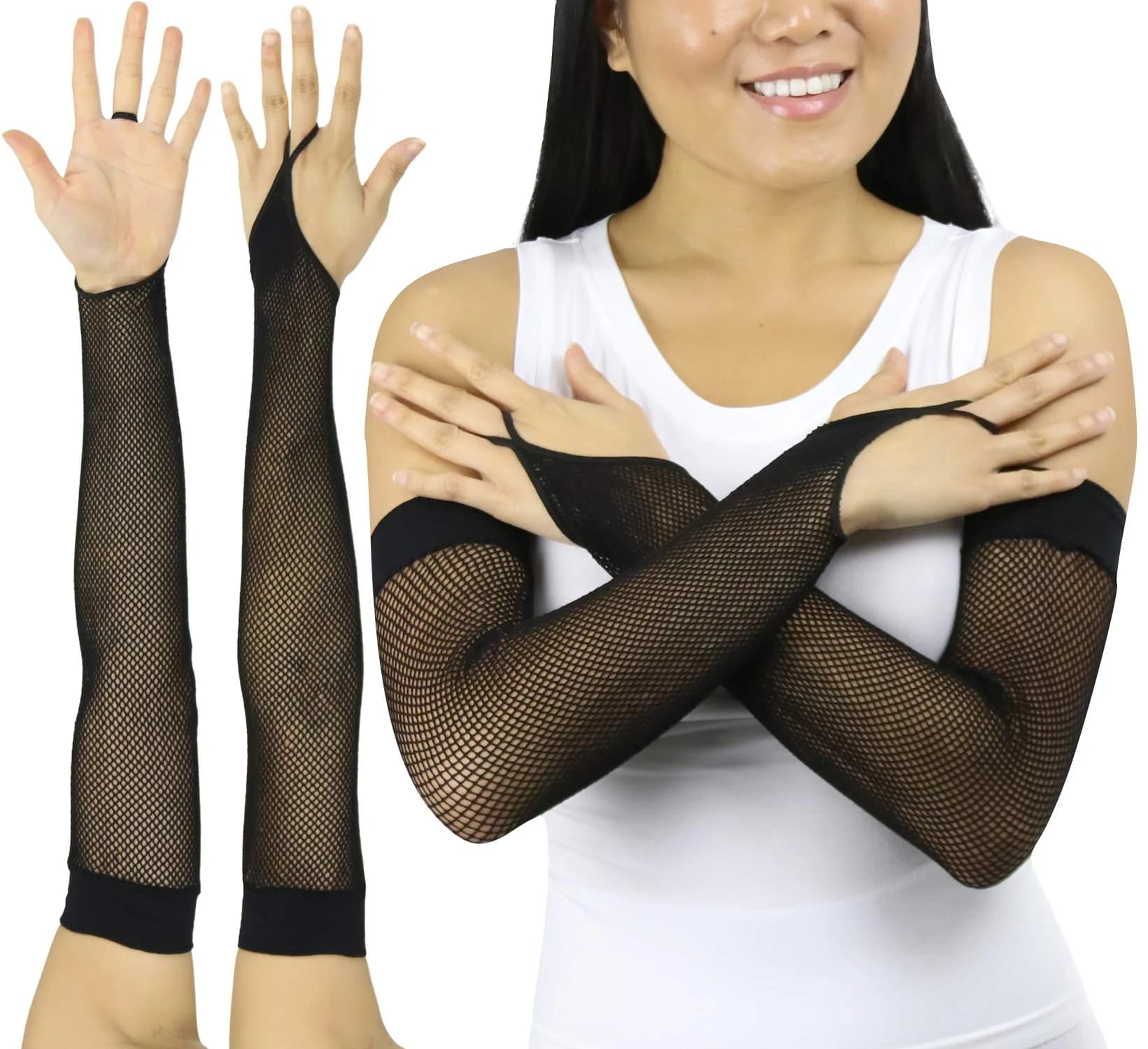ToBeInStyle Women’s Fashion Fishnet Finger Loop Long Length Novelty Gloves - Black | Edgy Fishnet Style for Costumes & Outfits