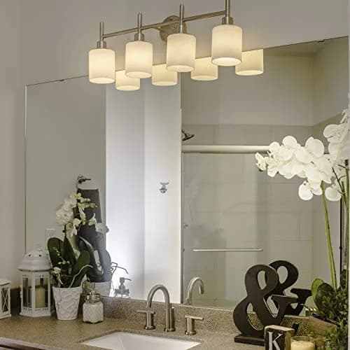 Design House Aubrey 4-Light Vanity Light Satin Nickel Finish Frosted Glass Shades Dimmable Bathroom Wall Fixture thumbnail 4