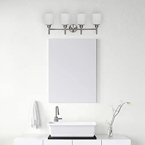 Design House Aubrey 4-Light Vanity Light Satin Nickel Finish Frosted Glass Shades Dimmable Bathroom Wall Fixture thumbnail 3