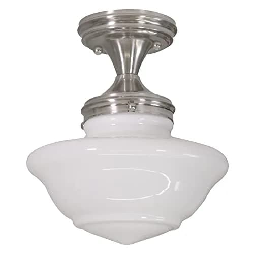 Design House Vintage-Inspired Schoolhouse Semi-Flush Mount Ceiling Light, 9 in x 9 in x 10 in, Satin Nickel, White Glass Shade, 577494 | Classic ceiling fixture for home thumbnail 1