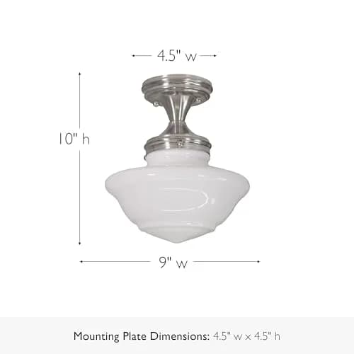 Design House Vintage-Inspired Schoolhouse Semi-Flush Mount Ceiling Light, 9 in x 9 in x 10 in, Satin Nickel, White Glass Shade, 577494 | Classic ceiling fixture for home thumbnail 2