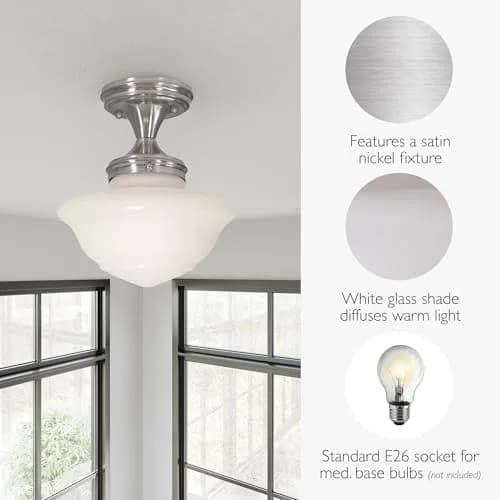 Design House Vintage-Inspired Schoolhouse Semi-Flush Mount Ceiling Light, 9 in x 9 in x 10 in, Satin Nickel, White Glass Shade, 577494 | Classic ceiling fixture for home thumbnail 3