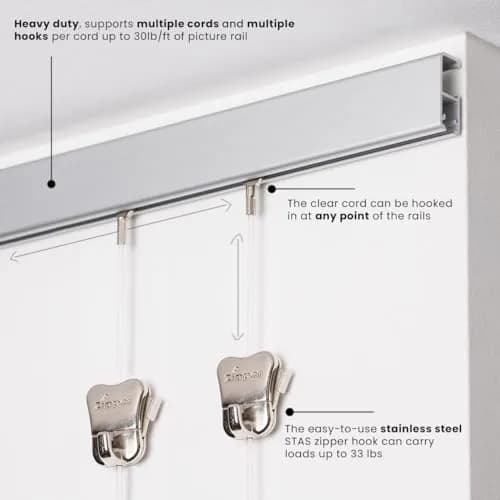 STAS Cliprail Pro Picture Hanging System 150 cm (4.92 ft) | Heavy Duty Track with 2x Zipper Hooks & Cords thumbnail 2
