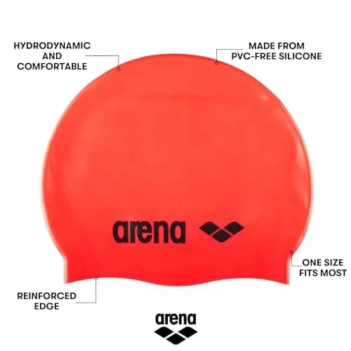 Arena Classic Unisex Soft Silicone Swim Cap for Women and Men, Intensive Training and Racing Comfortable Non-Slip Long Hair Swimming Hat, Fluorescent Red thumbnail 2