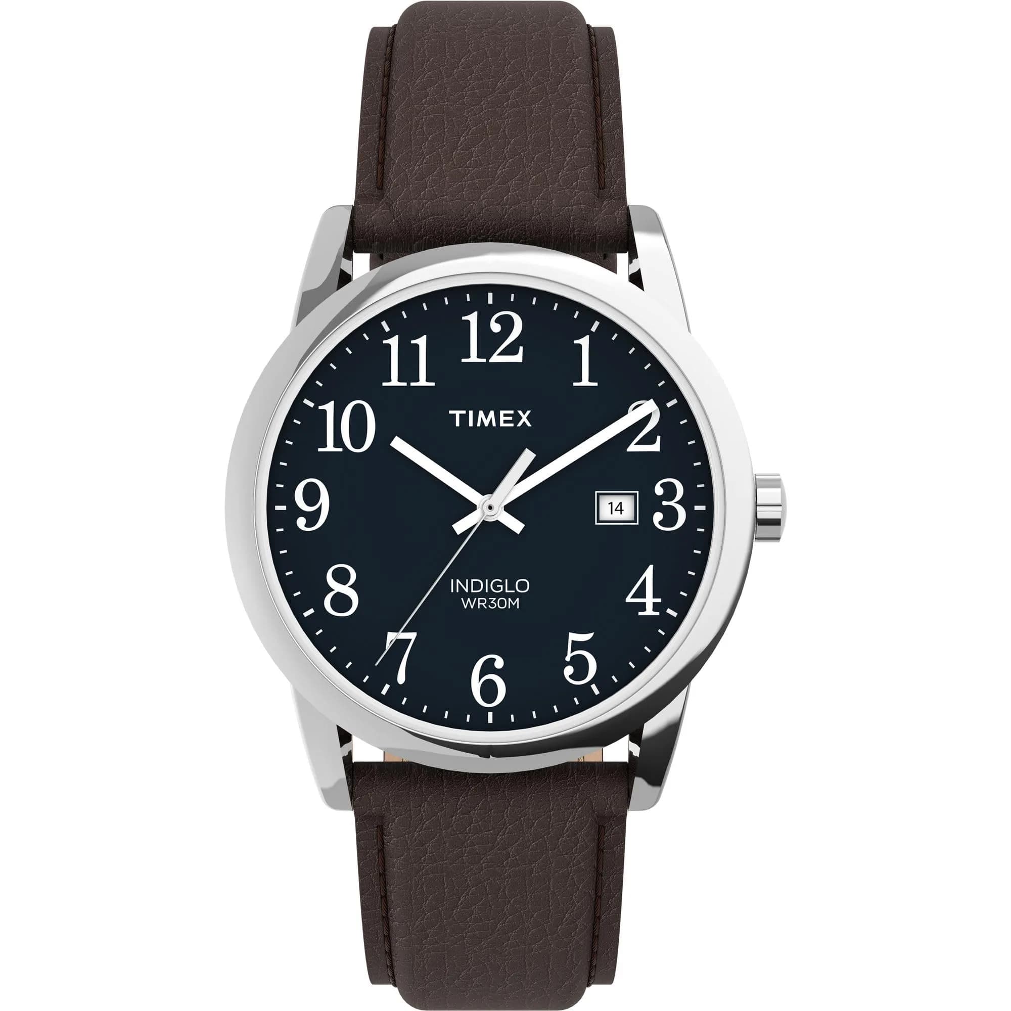 Timex Men's Easy Reader 38mm Brown Leather Strap Watch | Classic Analog Quartz with INDIGLO Night Light — Brown/Silver-Tone/Blue/A/38mm / 38mm