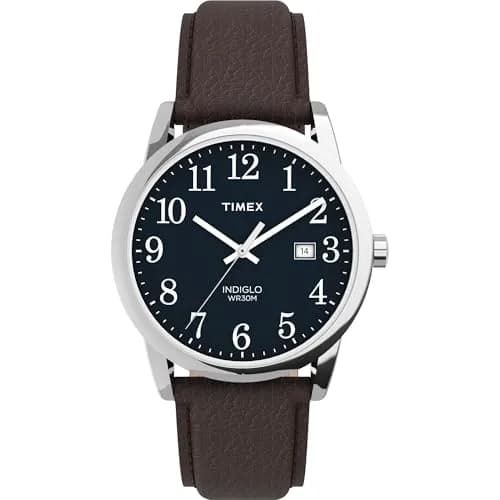 Timex Men's Easy Reader 38mm Watch – Silver-Tone Case Blue Dial with Brown Leather Strap | Classic Analog Quartz thumbnail 1
