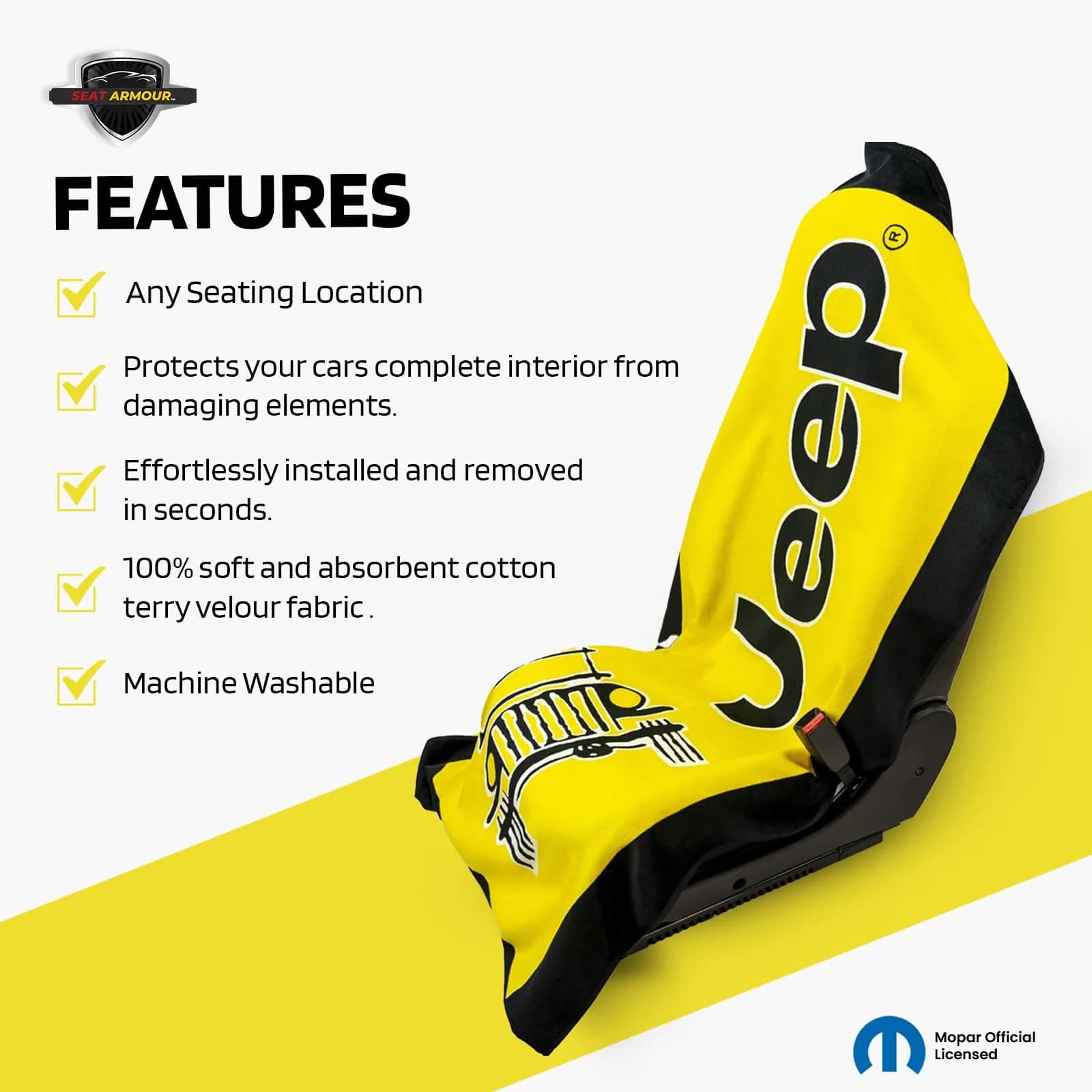Seat Armour Seat Towel - Universal Fit Soft Machine Washable Towel - Easy Install, Multipurpose Towel2Go Seat Cover for Jeep Car - Yellow | Car Seat Protector thumbnail 3