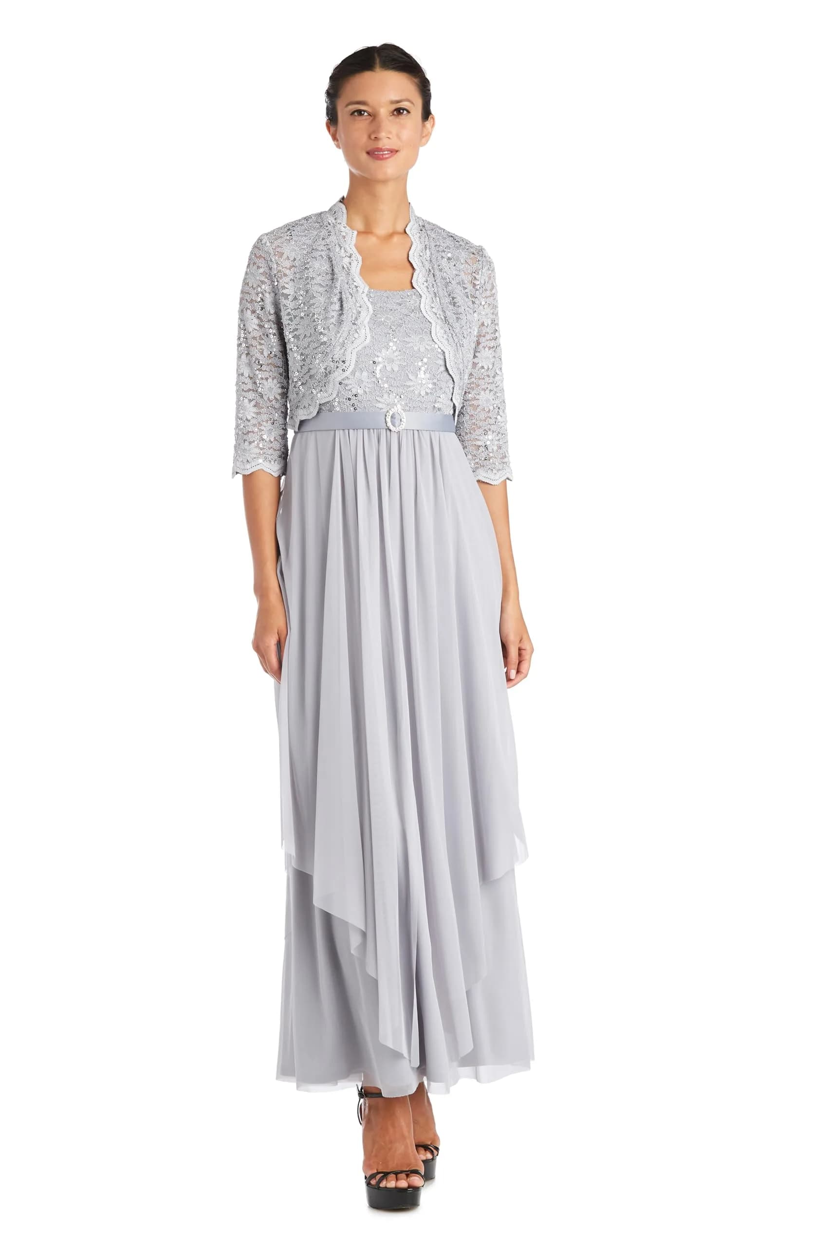 R&M Richards Embellished ITY Shift Dress with Chiffon Cape Sleeves | Elegant Evening Wear (70-120 chars)