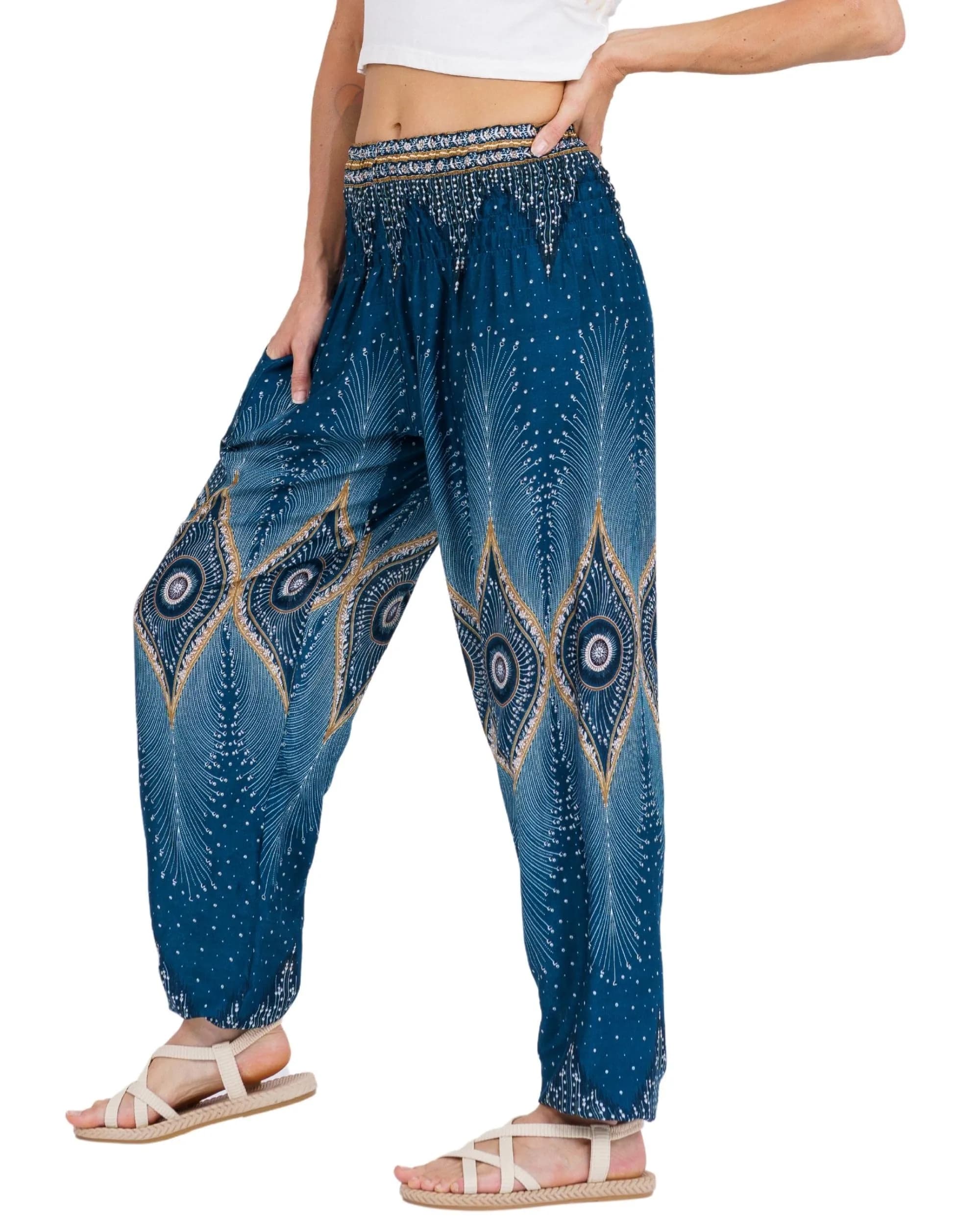 LOFBAZ Boho Long Leg Pants Floral Teal Green | Flowy, Comfortable Rayon Women’s Palazzo (105.4 cm/41.5 in)