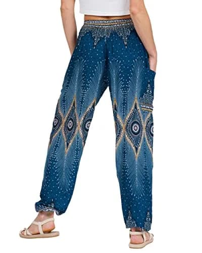 LOFBAZ Boho Long Leg Pants Floral Teal Green | Flowy, Comfortable Rayon Women’s Palazzo (105.4 cm/41.5 in) thumbnail 2