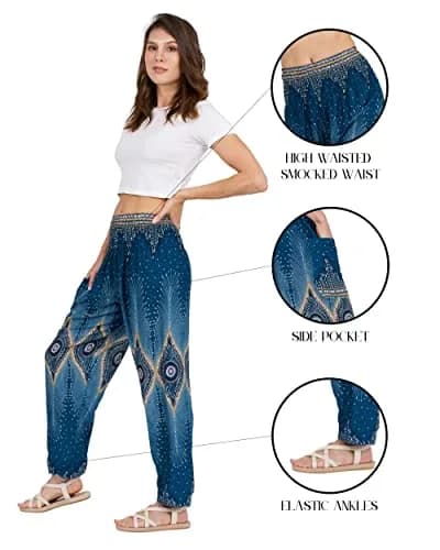 LOFBAZ Boho Long Leg Pants Floral Teal Green | Flowy, Comfortable Rayon Women’s Palazzo (105.4 cm/41.5 in) thumbnail 3