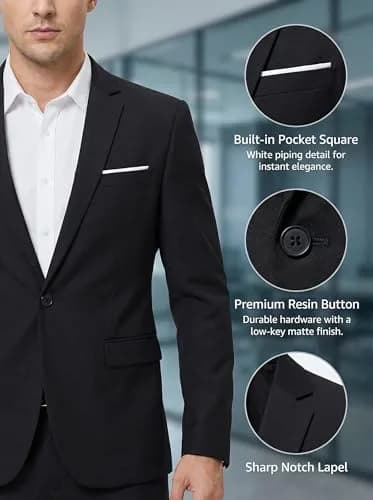 Beninos Slim Fit Casual Blazer Jacket Notch Collar | Black, S | Classic & Modern Style thumbnail 6