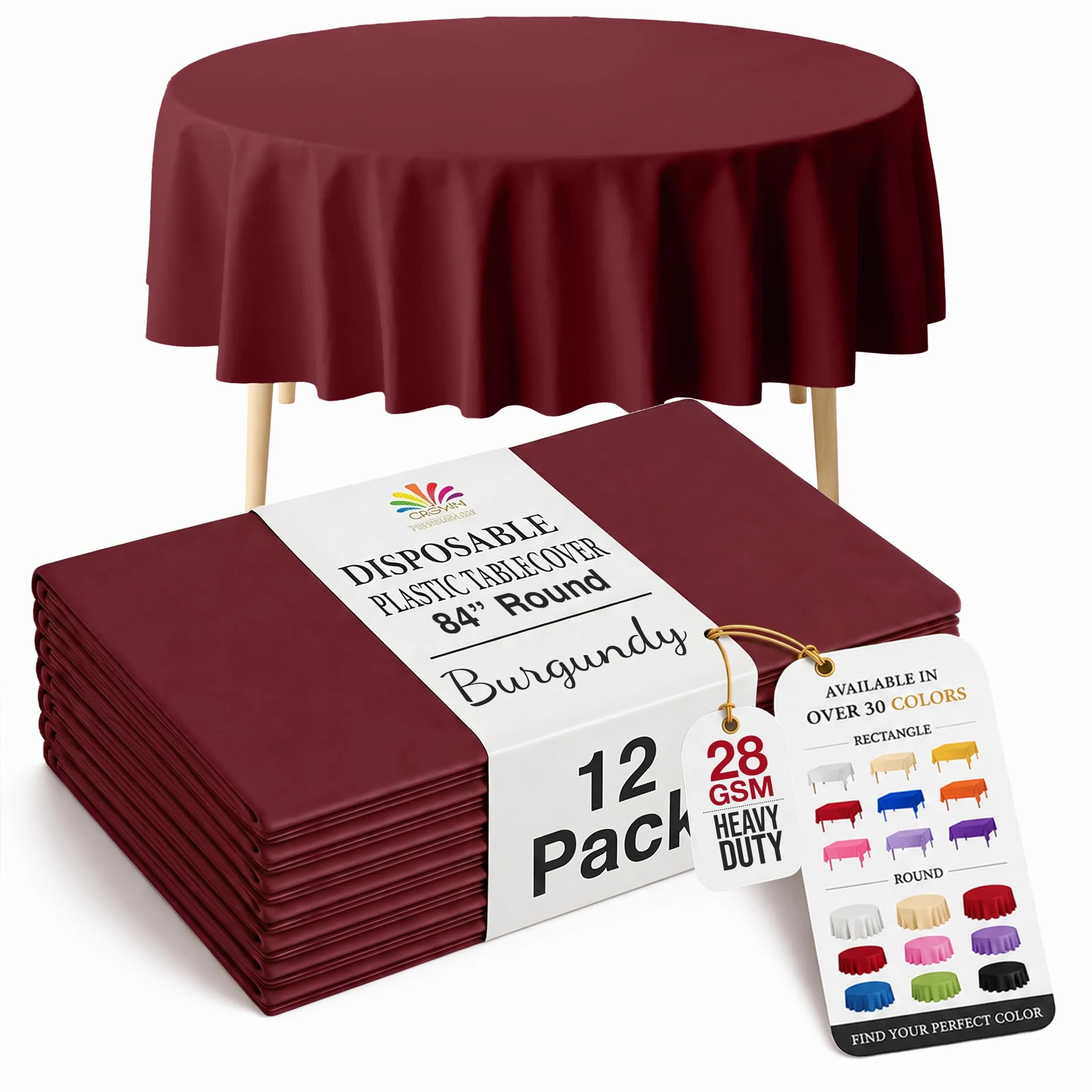 Exquisite 12-Pack Premium Plastic Round Tablecloth 84-inch Burgundy | Classic Modern Style