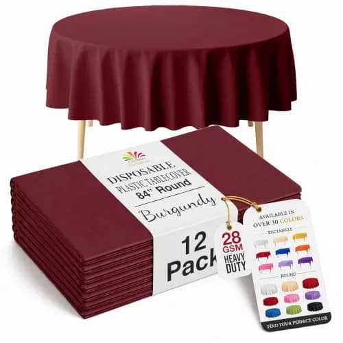 Exquisite 12-Pack Premium Plastic Round Tablecloth 84-inch Burgundy | Classic Modern Style thumbnail 1