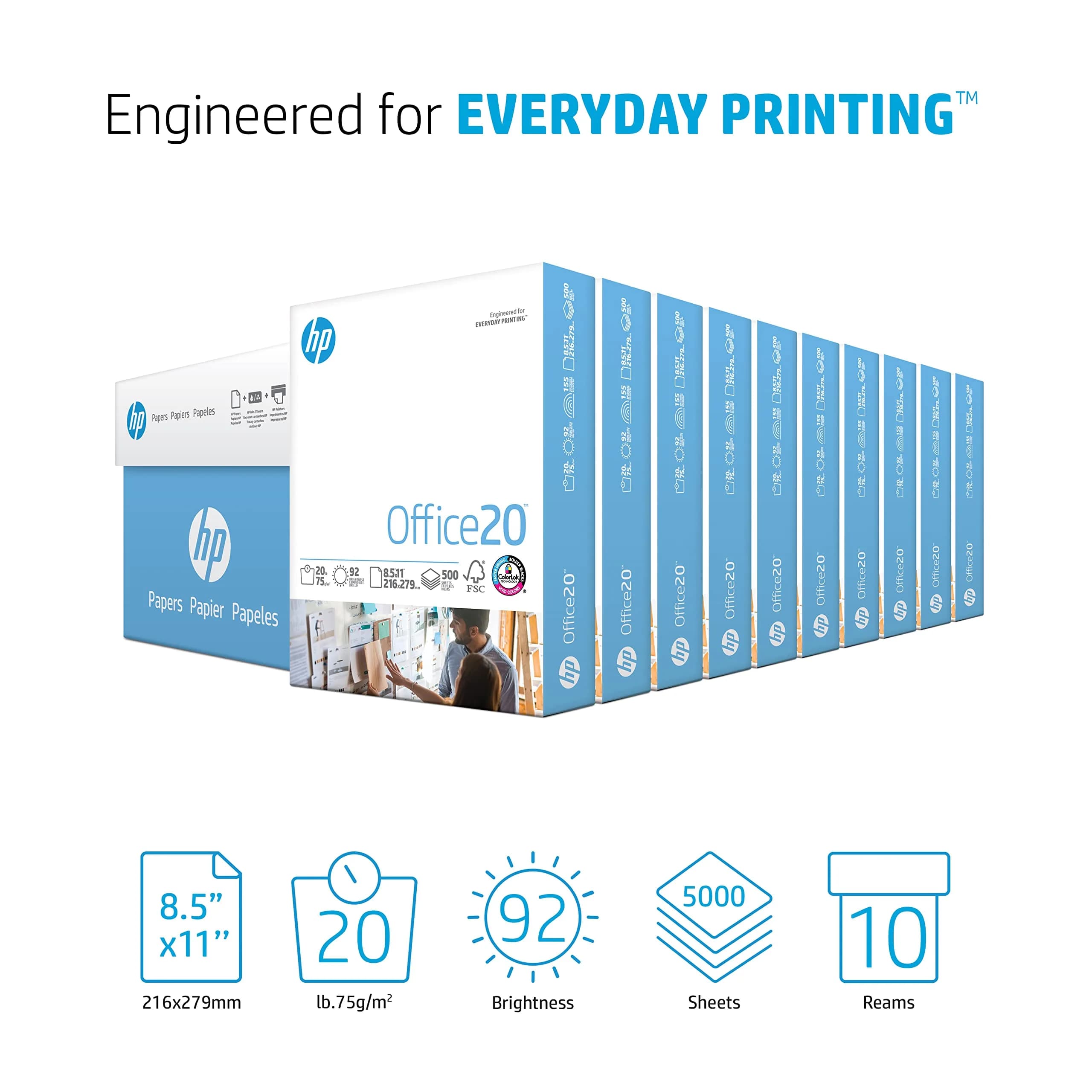 HP Office20 Printer Paper | 8.5 x 11 Letter Size | 20 lb Weight | 5000 Sheets (10 Ream Case) | 92 Bright | FSC Certified - view 2