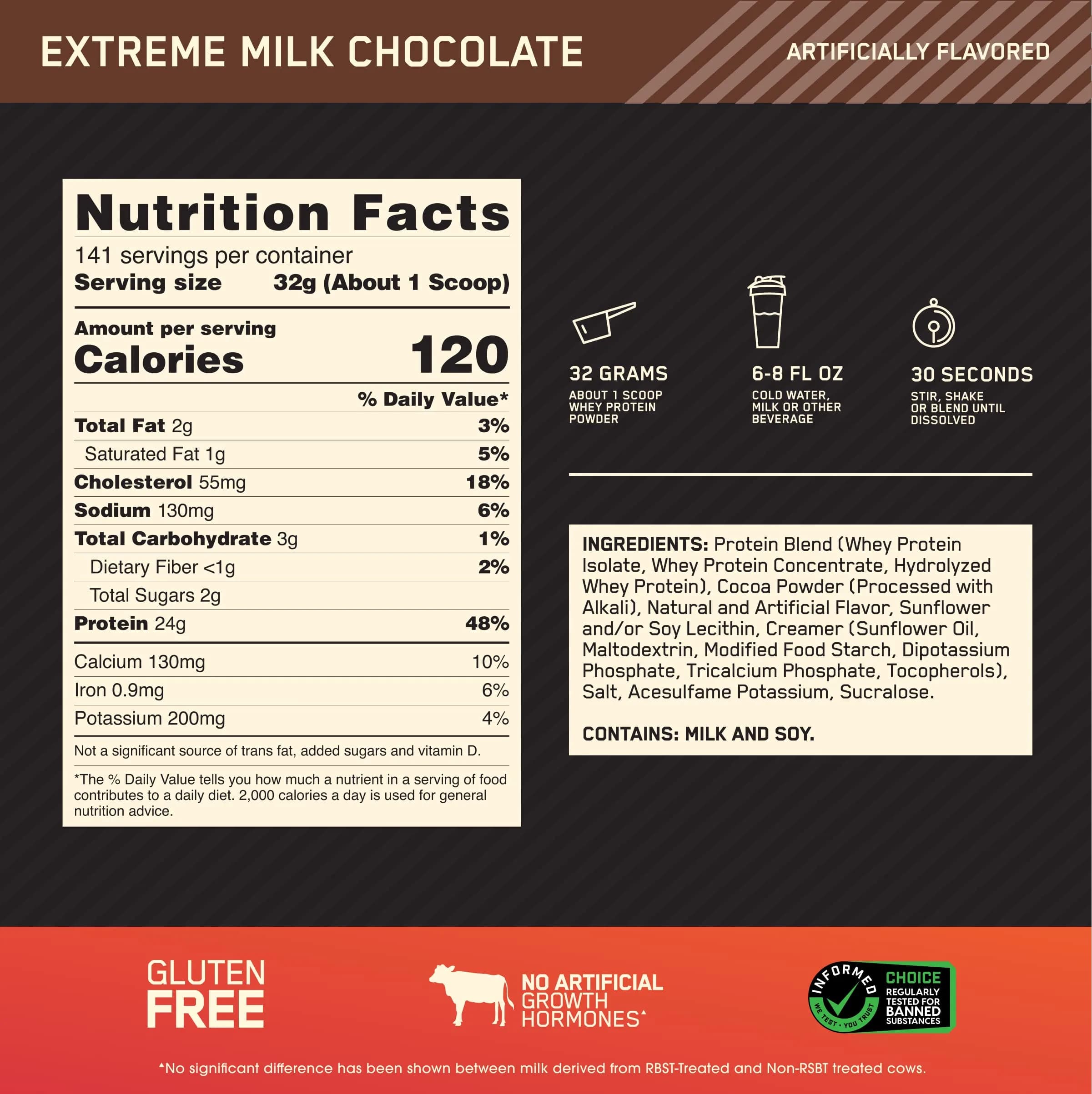 Optimum Nutrition Gold Standard 100% Whey Protein Powder, Extreme Milk Chocolate, 10lb (4.54kg) - view 3