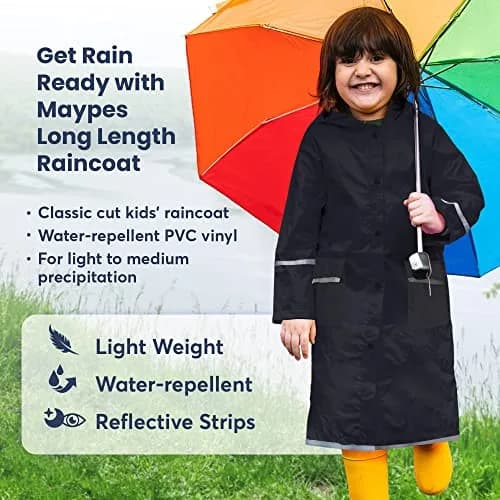 Maypes Kids Raincoat with Reflector - Unisex Vinyl Rain Jacket Water Resistant for Kids of All Ages thumbnail 2