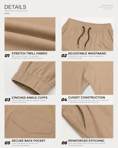 ITALYMORN Men's Stretch Chino Joggers XL Khaki | Slim Casual Pants with Flex & Authentic Cotton thumbnail 6