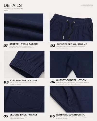ITALYMORN Men's Stretch Chino Joggers, Slim Casual Pants - L, Navy Blue | Premium Cotton Blend with Stretch for All-Day Comfort thumbnail 4