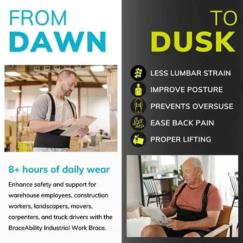 BraceAbility Work Back Brace - Industrial Lower Back Support Belt for Men & Women in Construction, Warehouse, Heavy Lifting | Adjustable Suspender Straps thumbnail 6