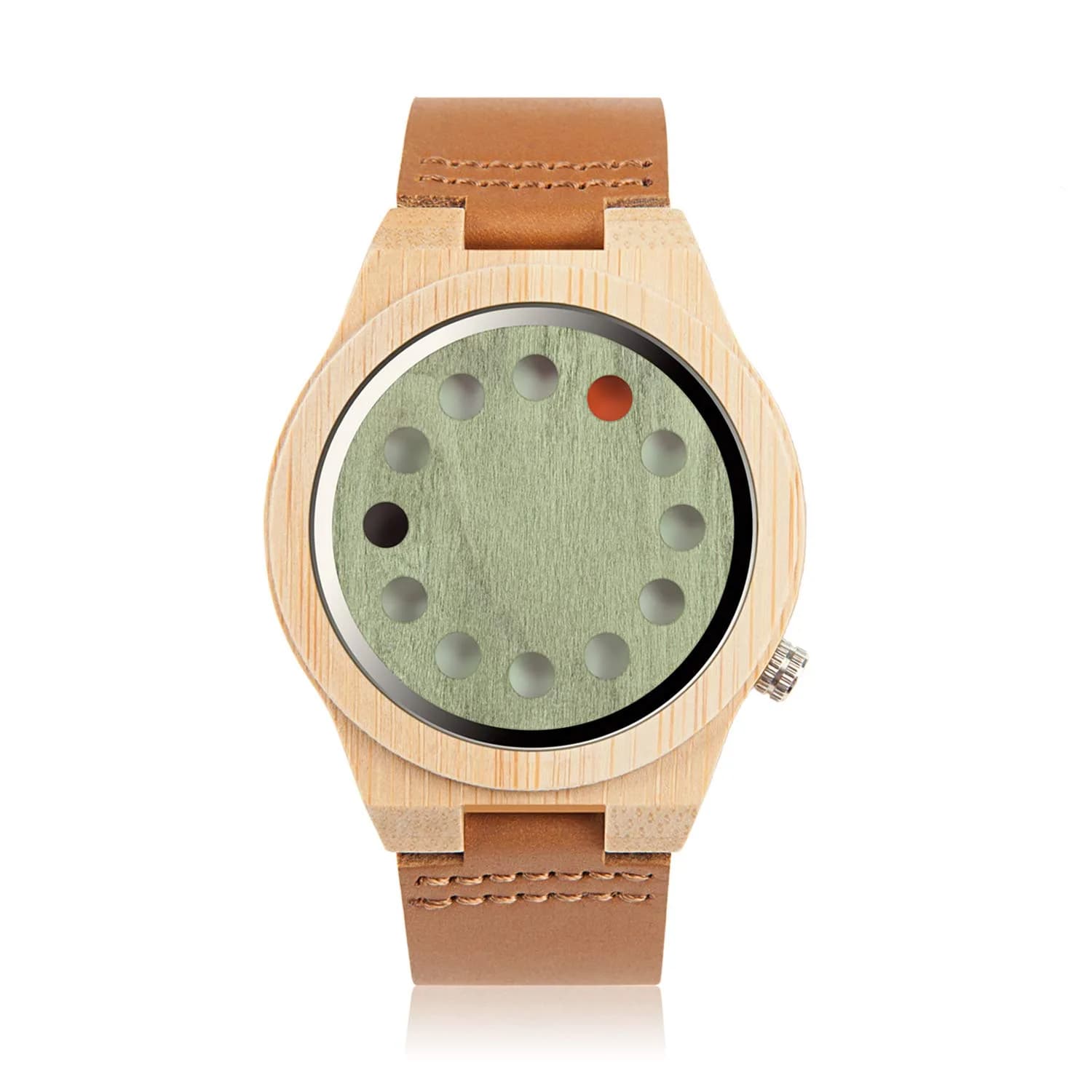 BOBO BIRD Men's Bamboo Wood Watch 45mm Analog Quartz with Genuine Leather Strap | Unique Design for Men — Green Cat-eye