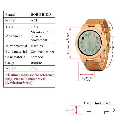 BOBO BIRD Men's Bamboo Wood Watch 45mm Analog Quartz with Genuine Leather Strap | Unique Design for Men thumbnail 2