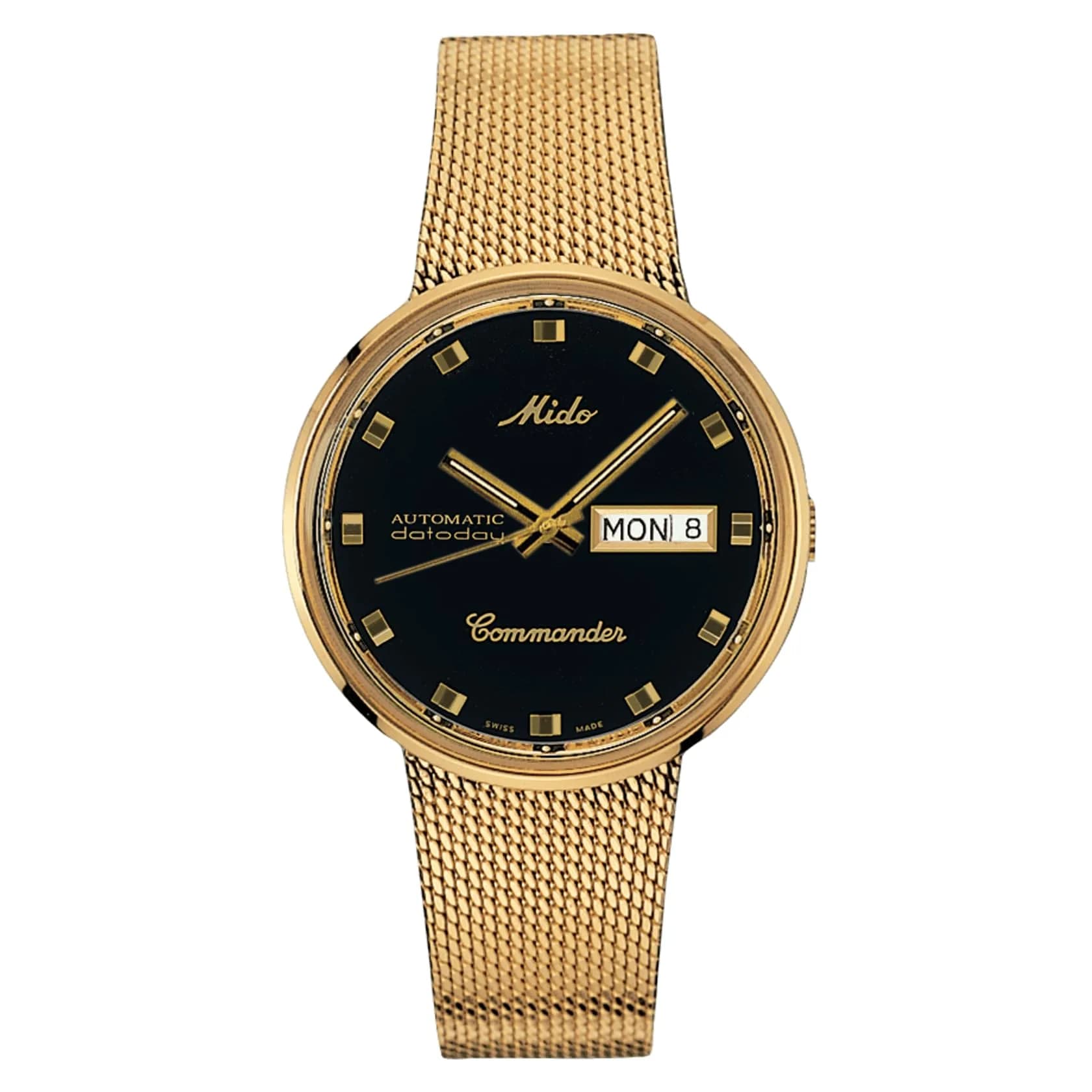 MIDO Commander 1959 Swiss Automatic Watch 37mm | Classic Vintage Design with Gold PVD Coating — Black on Gold Milanese Stainless Steel