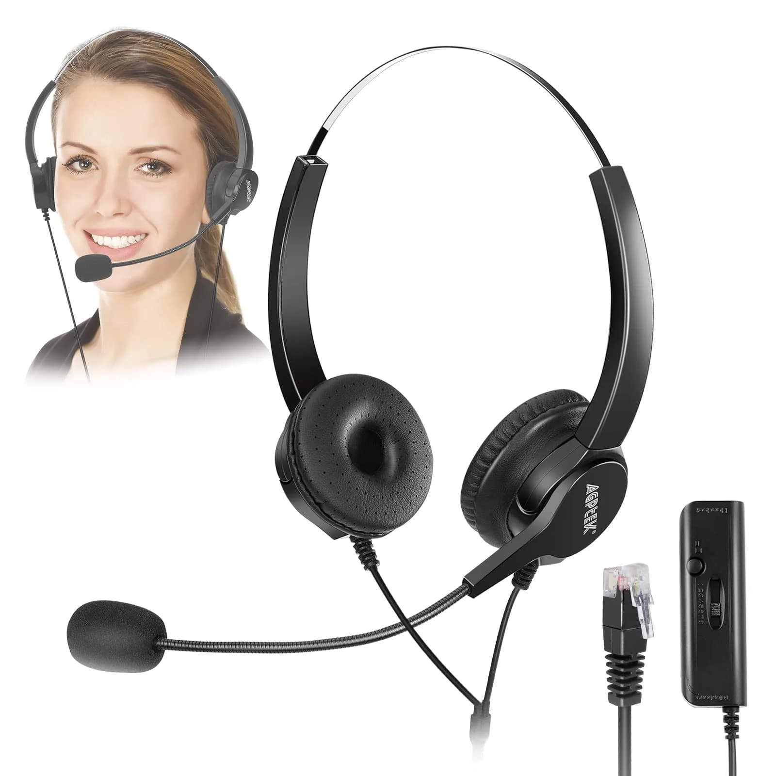 AGPTEK Noise Cancelling Corded Monaural Headset with Flexible Mic & RJ9 Connector | 19cm (7.5in) Length — Binaural Headset