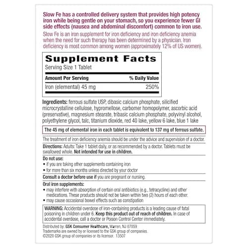 Slow Fe 45mg Iron Supplement Tablets 60 Count | Doctor Recommended for Iron Deficiency thumbnail 7