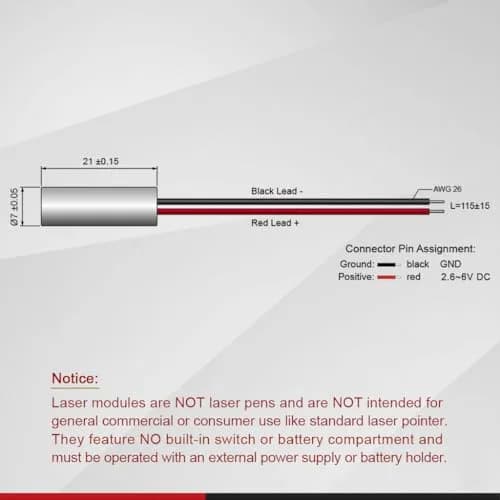 Quarton Red Dot Laser Module 7mm x 21mm | Class 3R <2.5mW, 6V Operation thumbnail 3