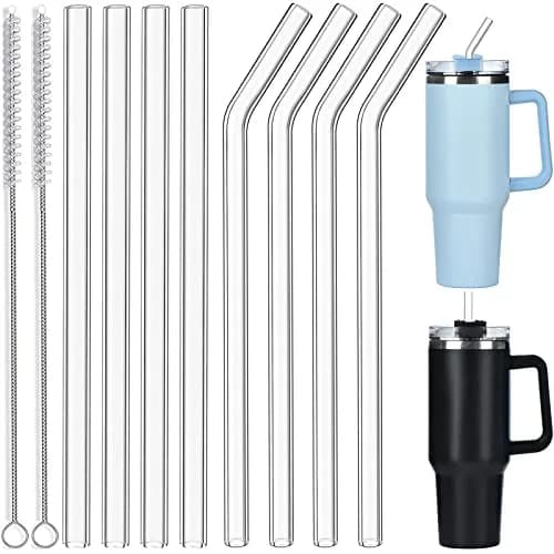ALINK Clear 8 Count Bent Glass Straws for Stanley Tumblers | 30cm (12 in) Reusable Borosilicate Glass Straws with 2 Brushes - main product image