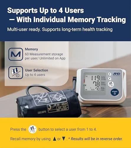 A&D Medical UA-767F Automatic Blood Pressure Monitor | 4 Users, 60 Memories/User, Wide Cuff 22-42cm, App Compatible thumbnail 2
