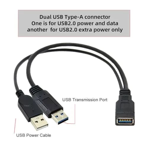 cablecc Dual USB 3.0 Male to USB Female Y Cable 20cm (0.65ft) | Extra Power & Data for Hard Drives, Printers, Scanners thumbnail 6