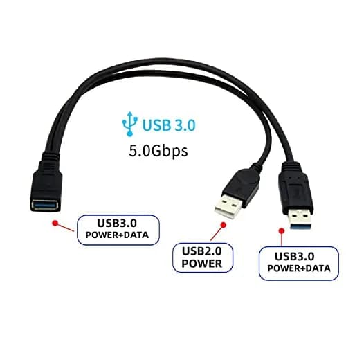 cablecc Dual USB 3.0 Male to USB Female Y Cable 20cm (0.65ft) | Extra Power & Data for Hard Drives, Printers, Scanners thumbnail 2