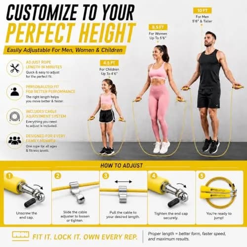 WOD Nation Adjustable Speed Jump Rope - Yellow, Alloy Steel, Adjustable Length | Full-Body Cardio Fitness thumbnail 4