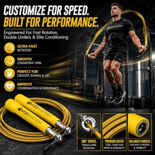 WOD Nation Adjustable Speed Jump Rope - Yellow, Alloy Steel, Adjustable Length | Full-Body Cardio Fitness thumbnail 5