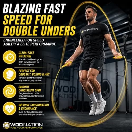 WOD Nation Adjustable Speed Jump Rope - Yellow, Alloy Steel, Adjustable Length | Full-Body Cardio Fitness thumbnail 2