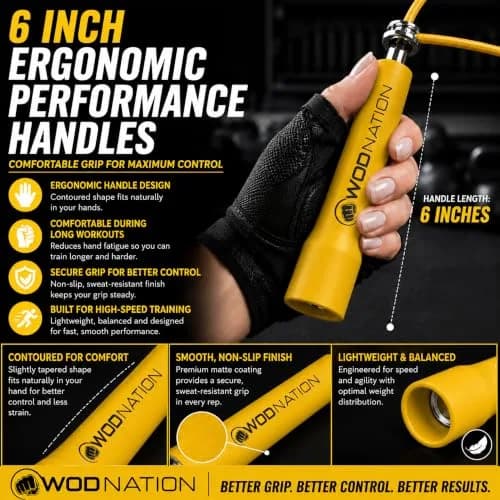 WOD Nation Adjustable Speed Jump Rope - Yellow, Alloy Steel, Adjustable Length | Full-Body Cardio Fitness thumbnail 3