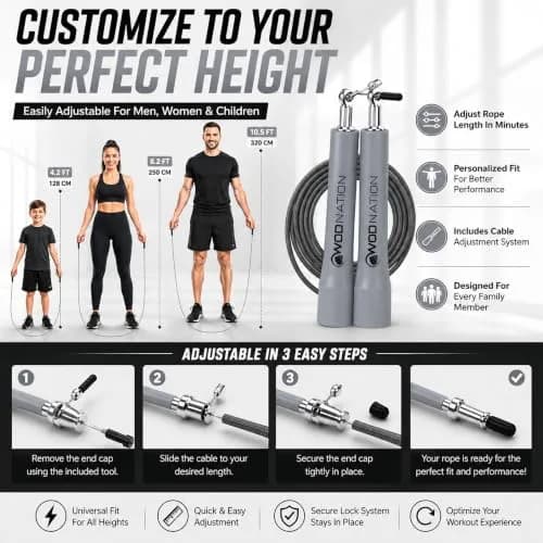 WOD Nation Adjustable Speed Jump Rope - Grey | Classic Fitness Equipment for Men, Women & Kids thumbnail 4