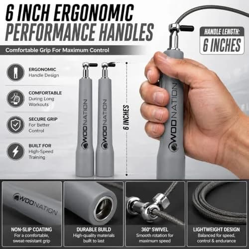 WOD Nation Adjustable Speed Jump Rope - Grey | Classic Fitness Equipment for Men, Women & Kids thumbnail 5