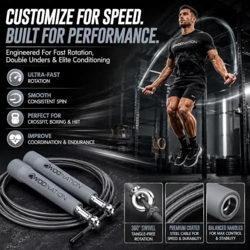 WOD Nation Adjustable Speed Jump Rope - Grey | Classic Fitness Equipment for Men, Women & Kids thumbnail 2